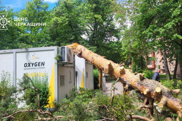 Дерево впало на кисневий генератор лікарні: Рятувальники показали як ліквідовують наслідки негоди у Черкасах (ФОТО)